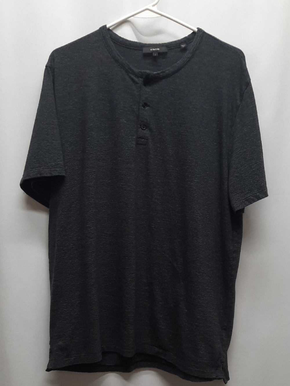 Vince Men's Large Henley Shirt Short Sleeve Gray Micro Stripe Premium Cotton